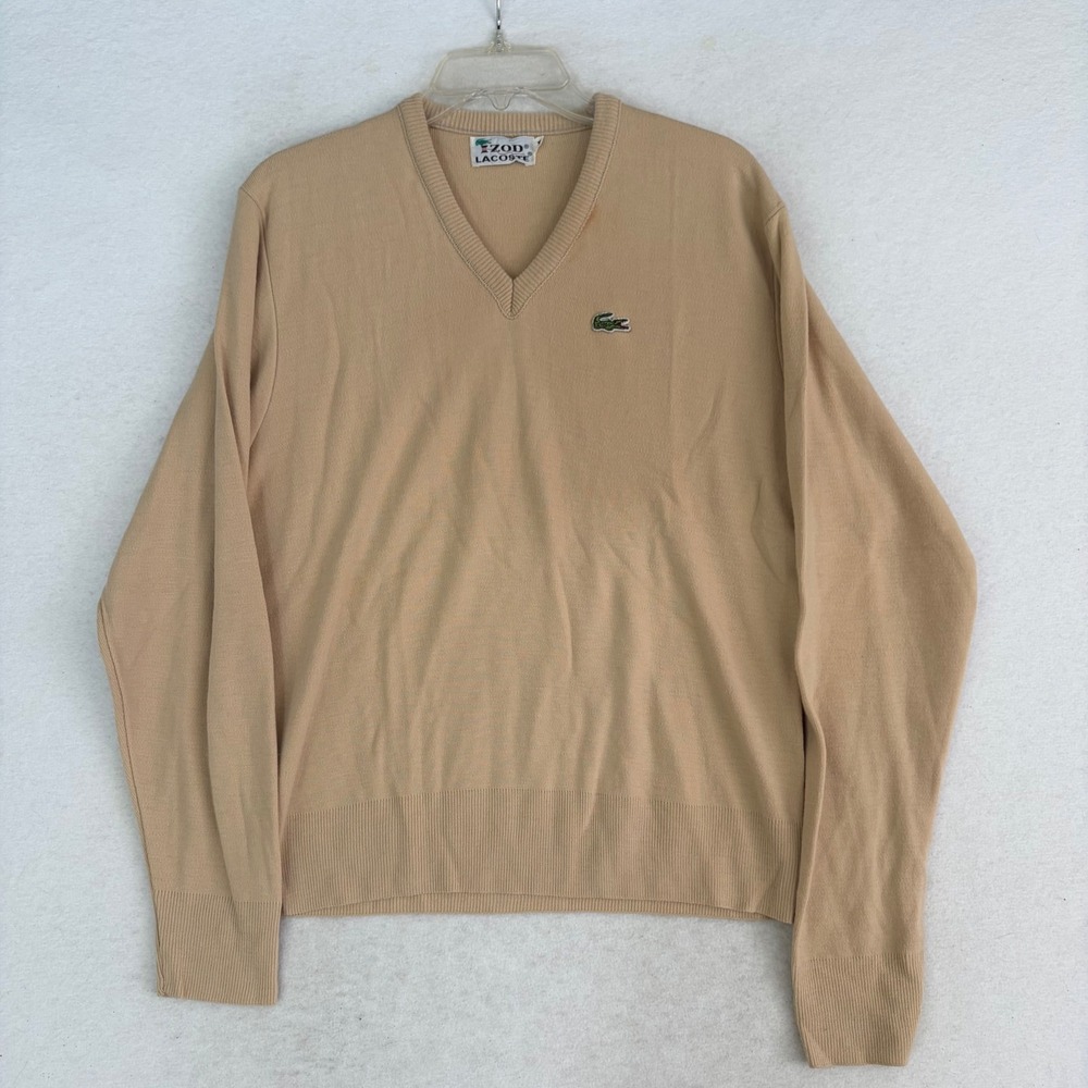 Vintage Izod Lacoste V-Neck Sweater Mens Medium Camel Tan Beige Crocodile 80s